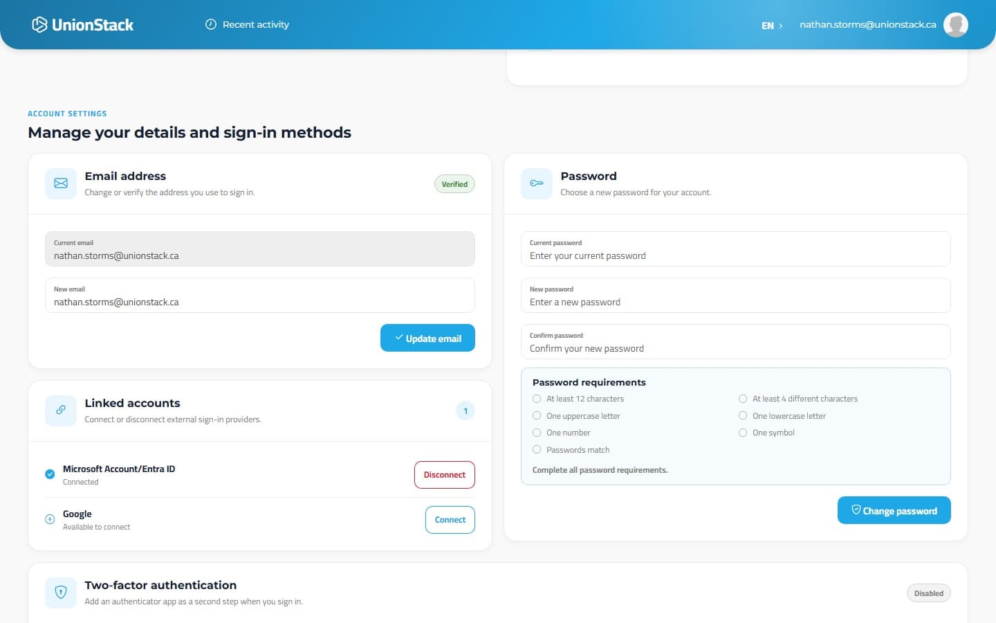 UnionStack account settings showing verified email, a linked Microsoft account and password controls.