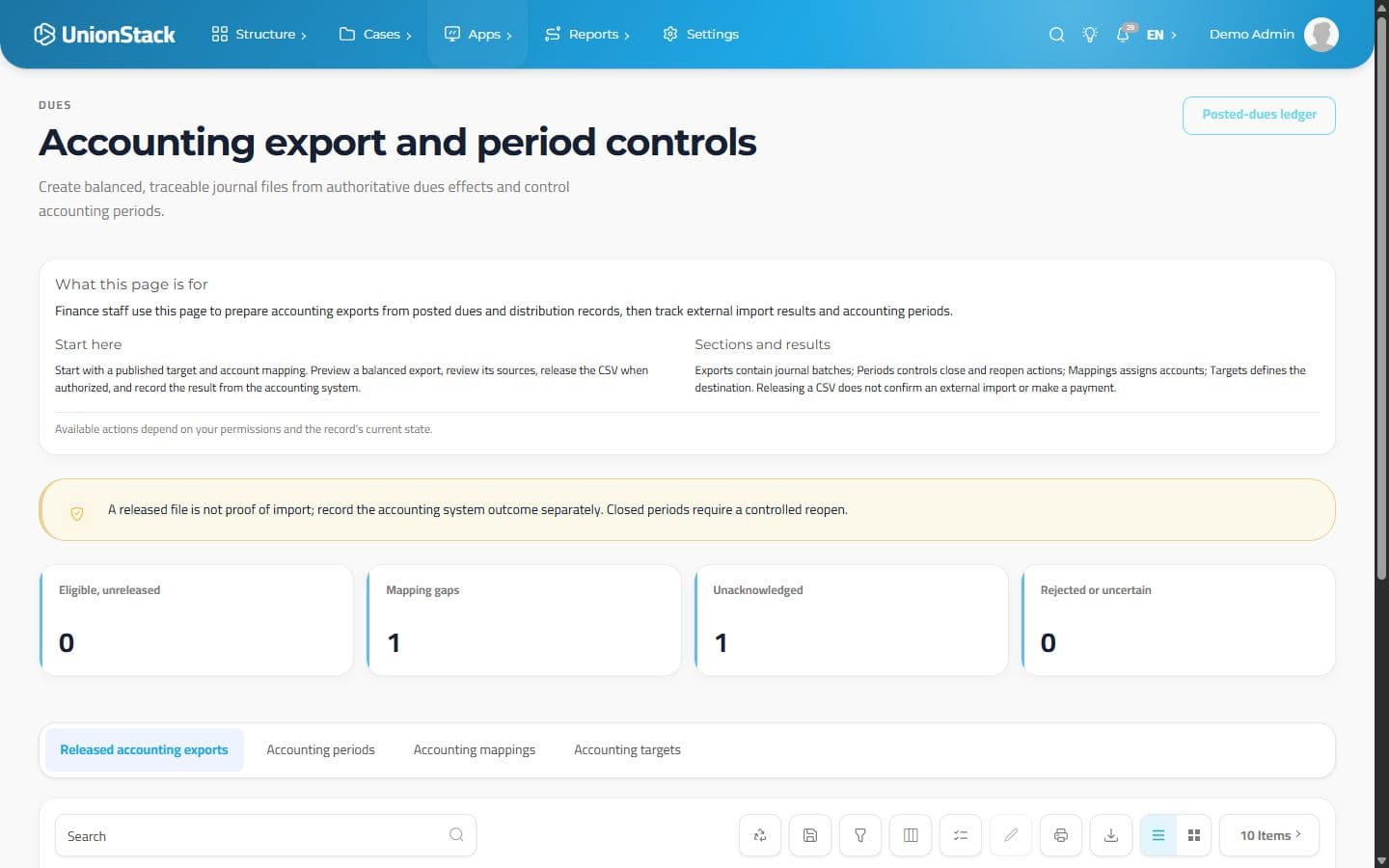UnionStack accounting workspace with released-export states and accounting period tabs.