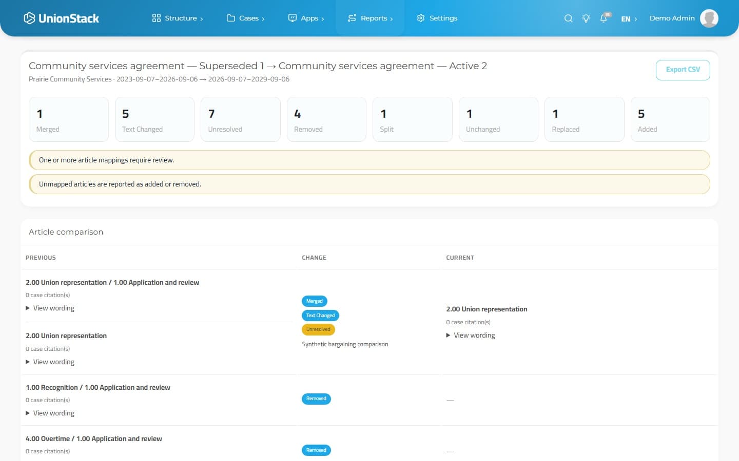 UnionStack agreement comparison showing article changes and unresolved mappings that require review.