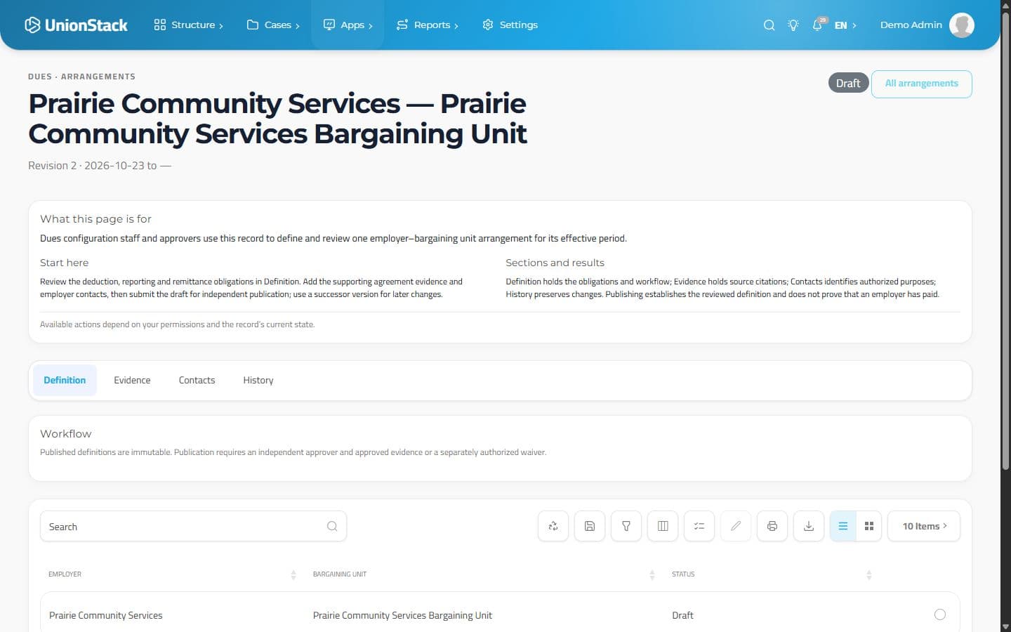 UnionStack arrangement detail with named employer and unit records and structured configuration fields.