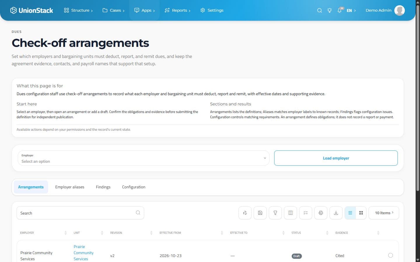 UnionStack check-off arrangements with employer and unit records and effective obligations.