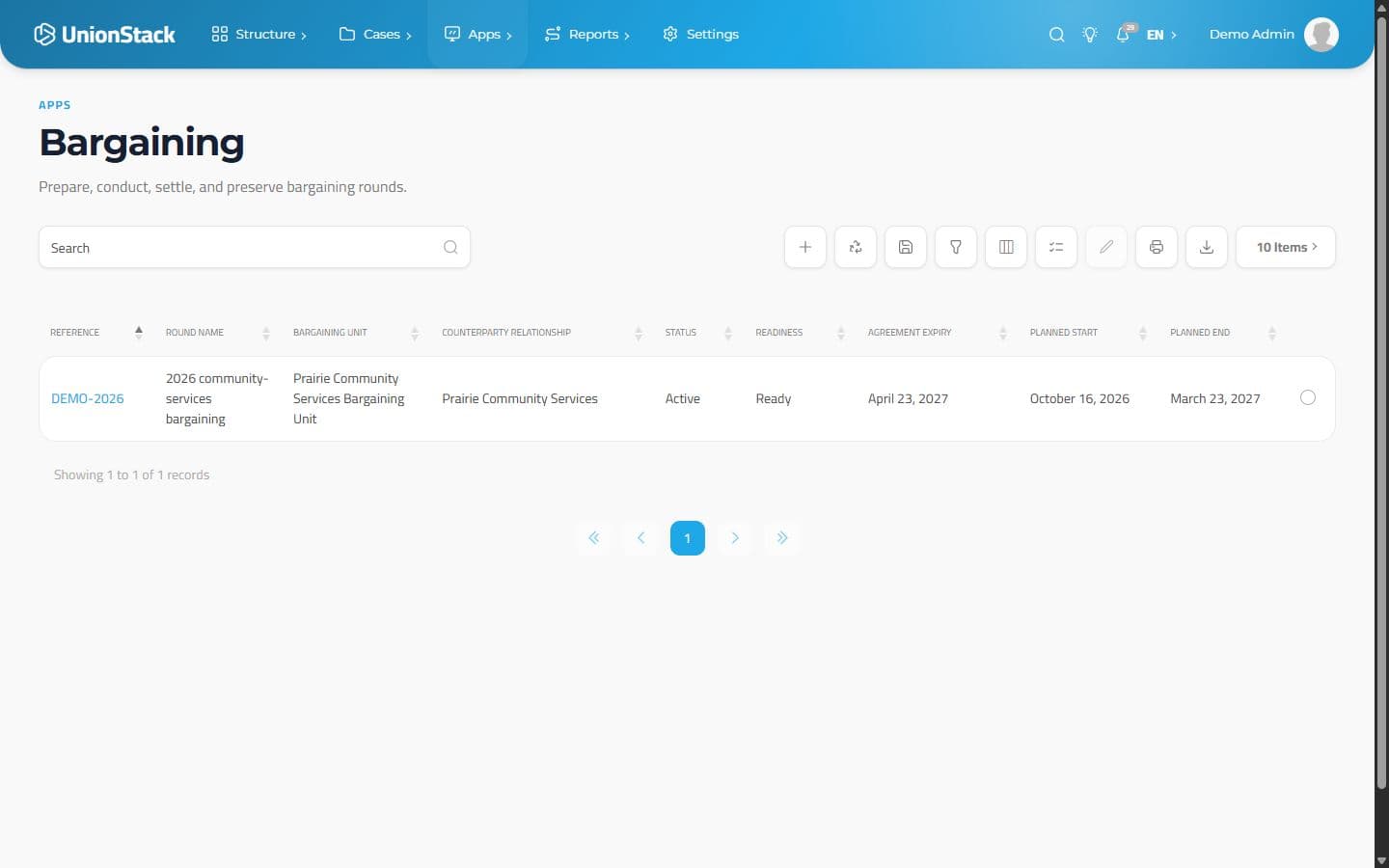 UnionStack bargaining directory showing a round, bargaining unit, counterparty, readiness and planned dates.