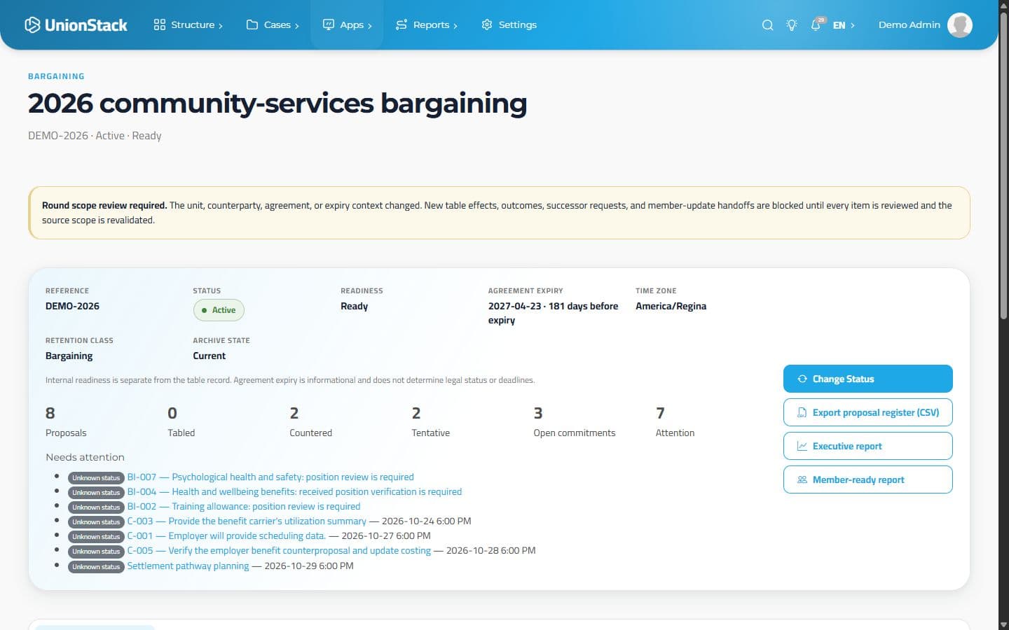 UnionStack bargaining overview with proposal counts, commitments and a scope-review warning.