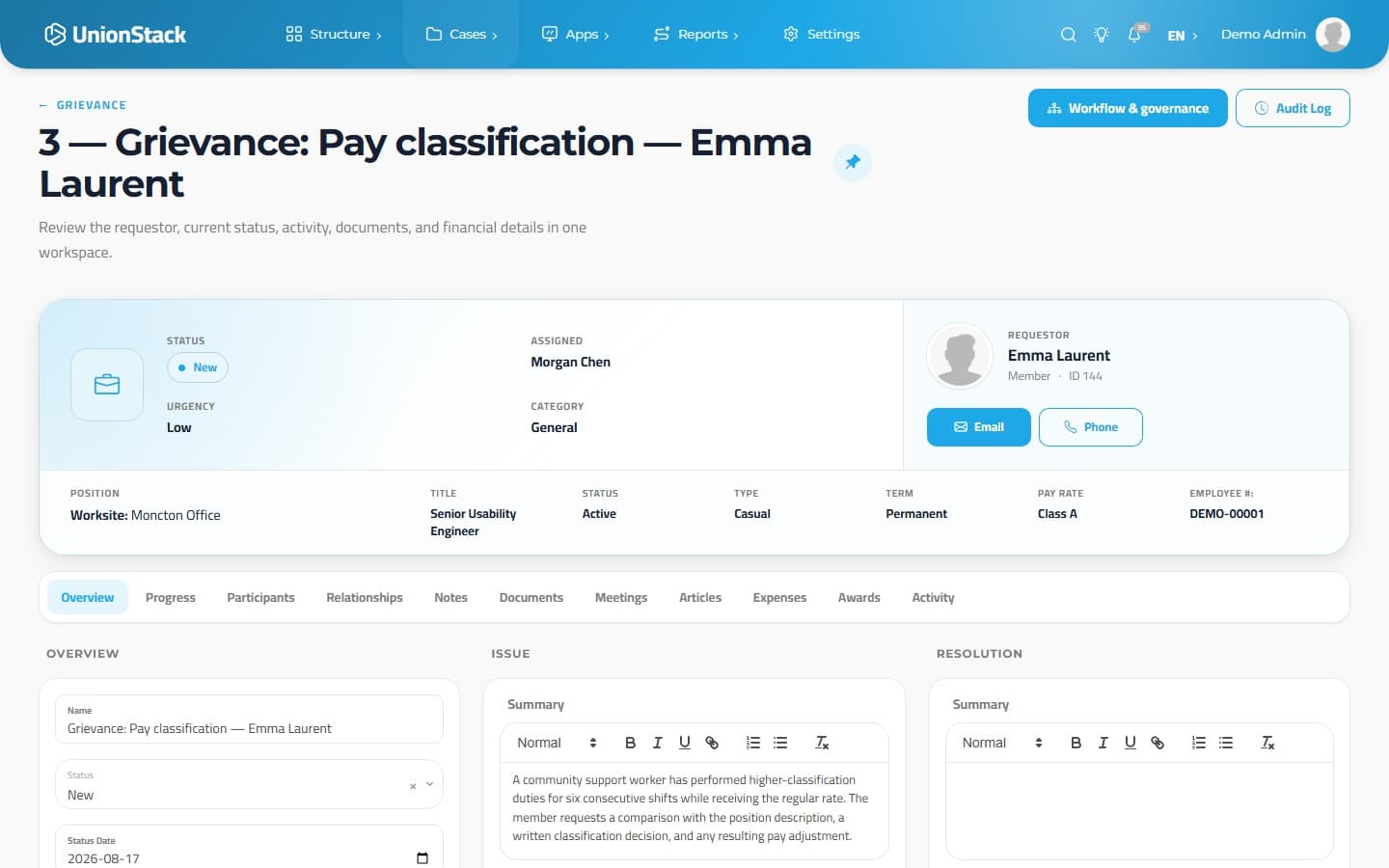 UnionStack grievance showing a pay-classification issue, member, assigned caseworker and current status.
