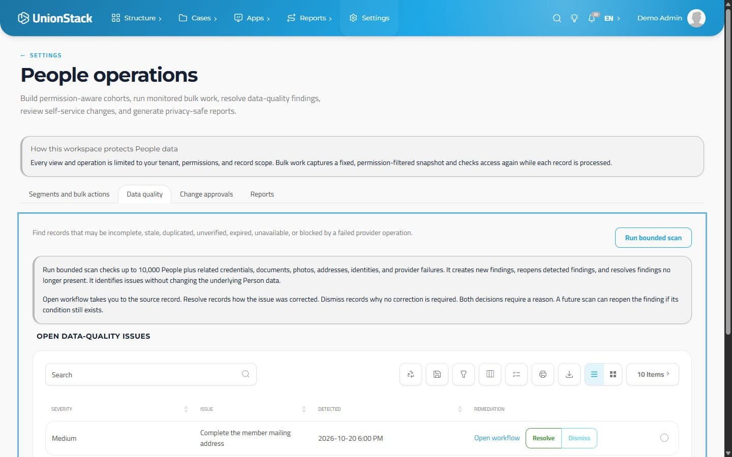 Operaciones de personas de UnionStack con hallazgos de calidad y controles para abrir el flujo, resolver y descartar.