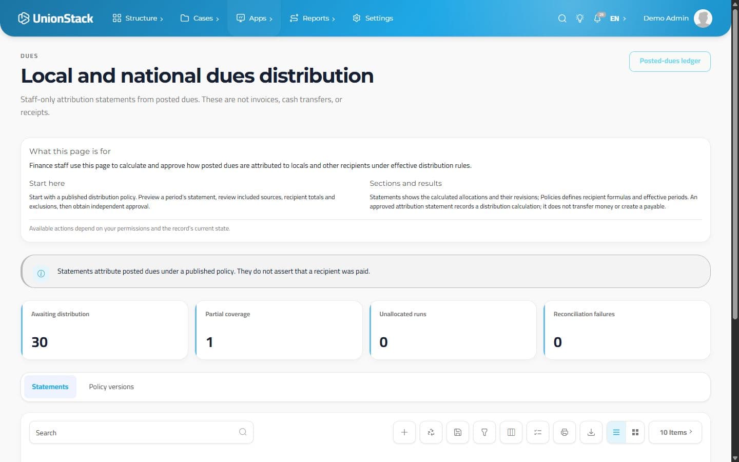 UnionStack dues distribution workspace showing statement states and policy controls.