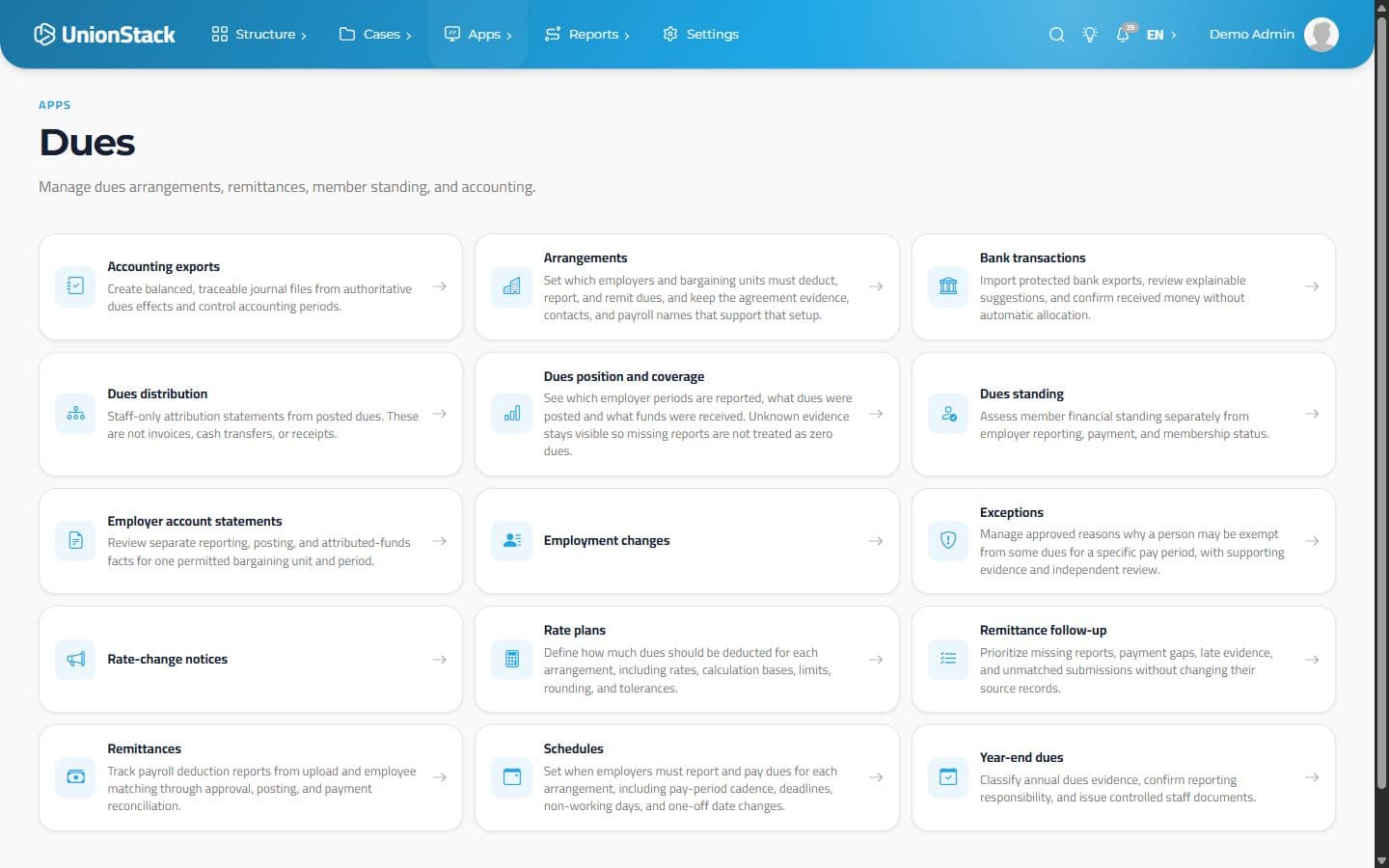 Espacio de cuotas de UnionStack con accesos a acuerdos, tarifas, calendarios, seguimiento, situación, contabilidad y cierre anual.