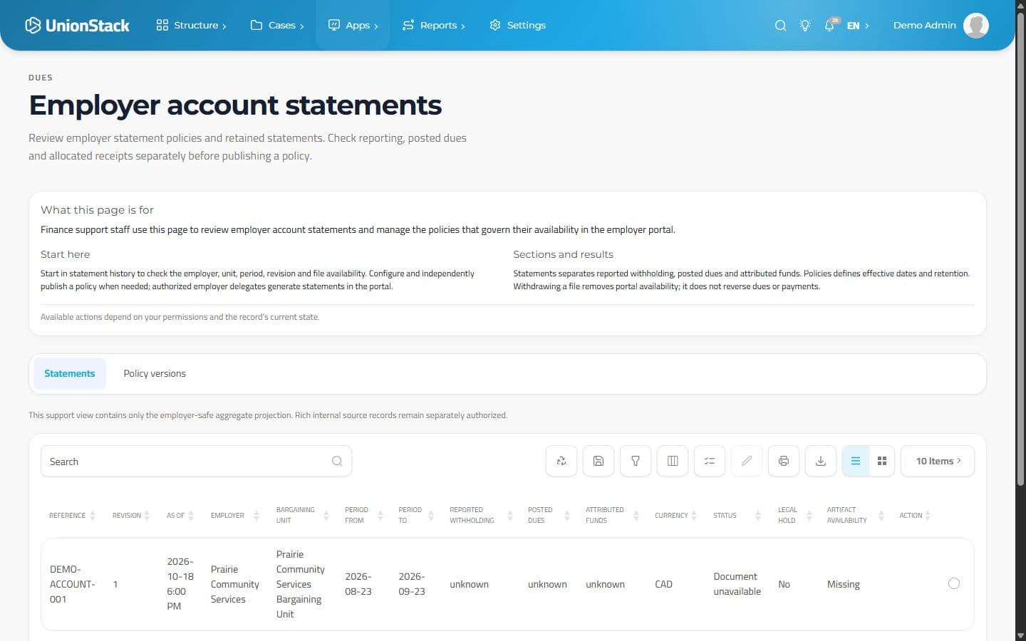 UnionStack employer statement register with unit, period, document and coverage states.
