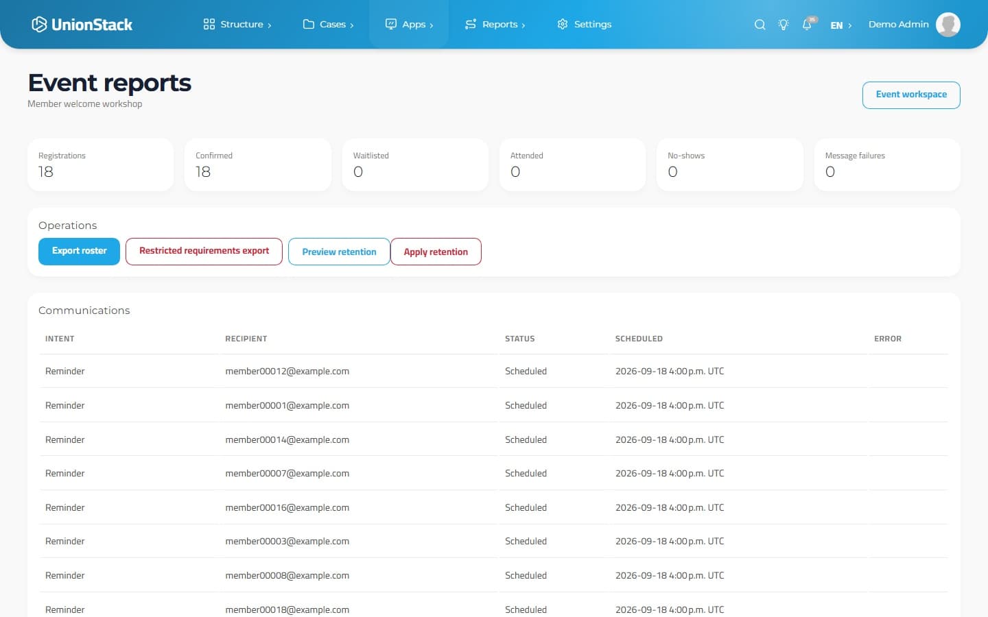 UnionStack event report showing 18 confirmed registrations and upcoming reminders with scheduled dates.