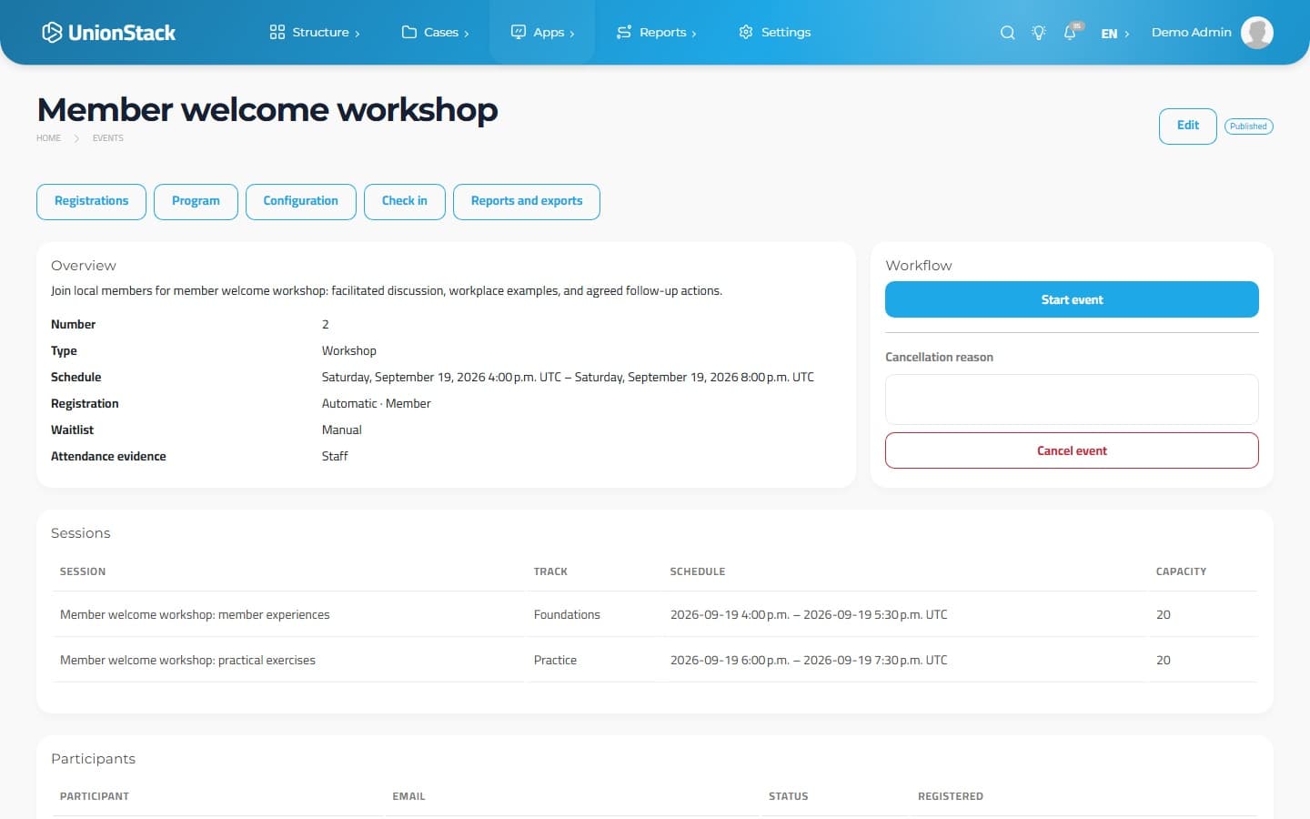UnionStack published workshop showing its description, workflow and two scheduled sessions.