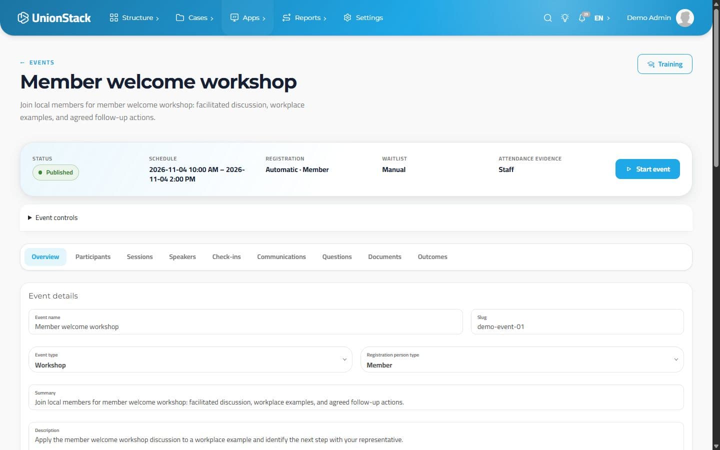 UnionStack published workshop overview with November dates, audience and participant workflow.