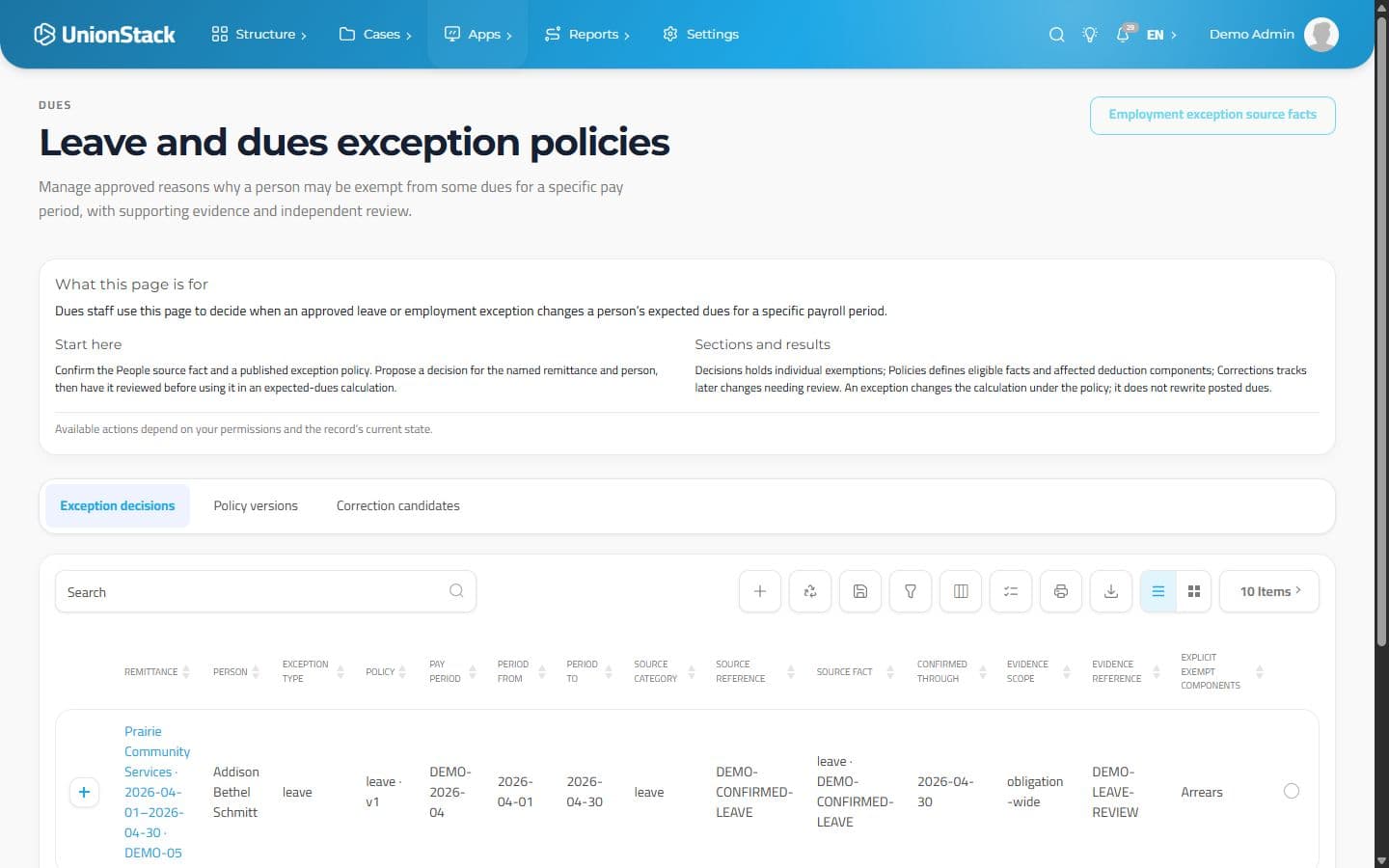 UnionStack leave and dues exception decisions linked to source facts, pay periods and component policies.