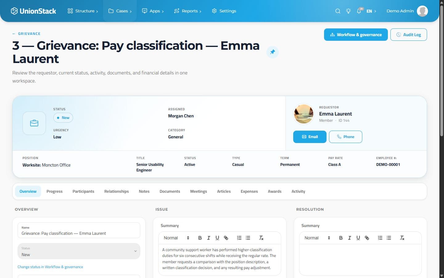 Reclamación de UnionStack con un problema de clasificación salarial, miembro, responsable y estado actual.