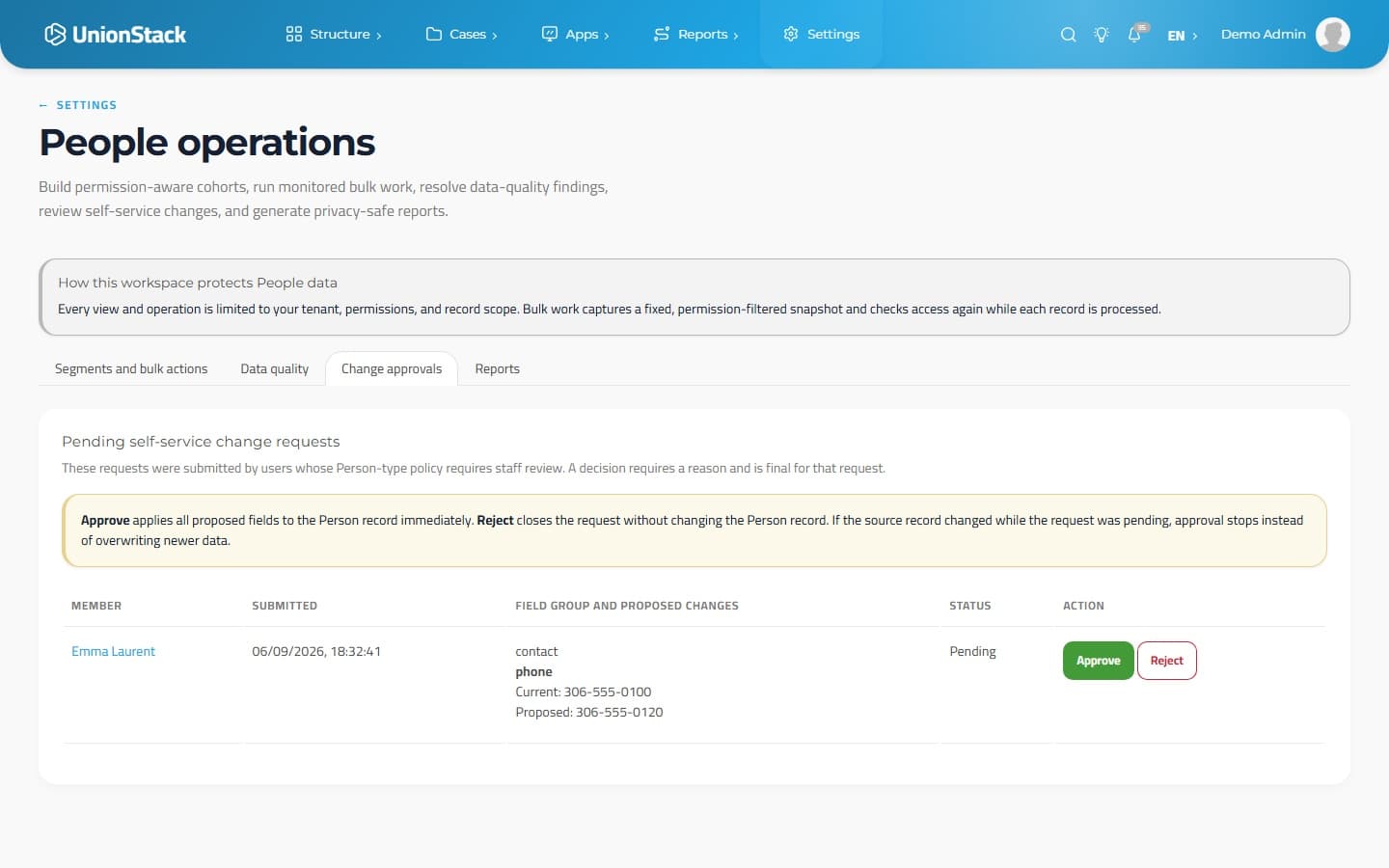 UnionStack staff review showing a member's current and proposed phone number with approval controls.