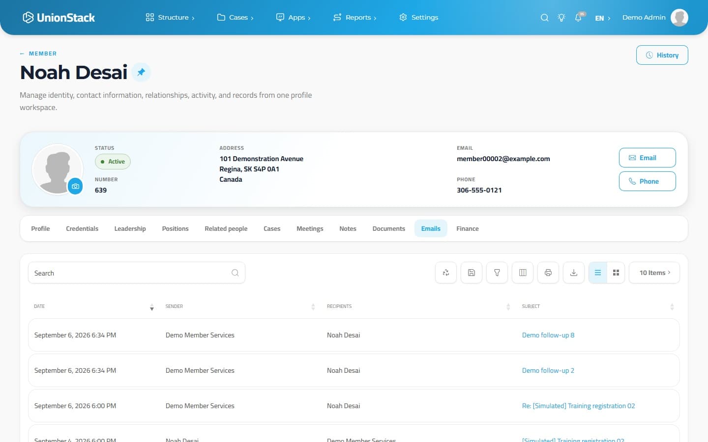 UnionStack member email history with linked conversations and message subjects.