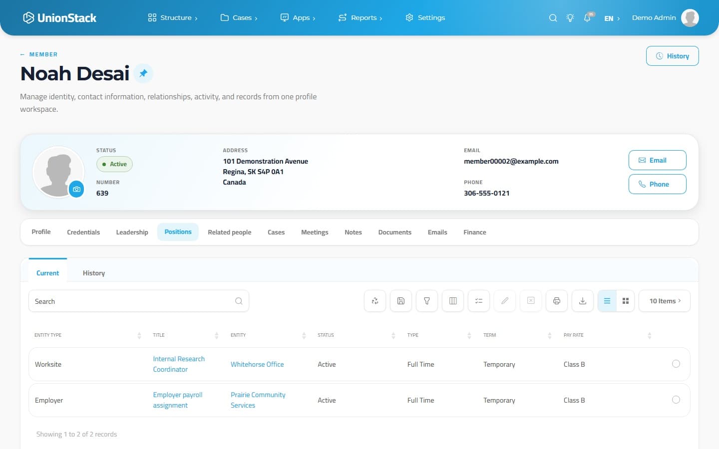 UnionStack member positions showing current worksite and employer payroll assignments.
