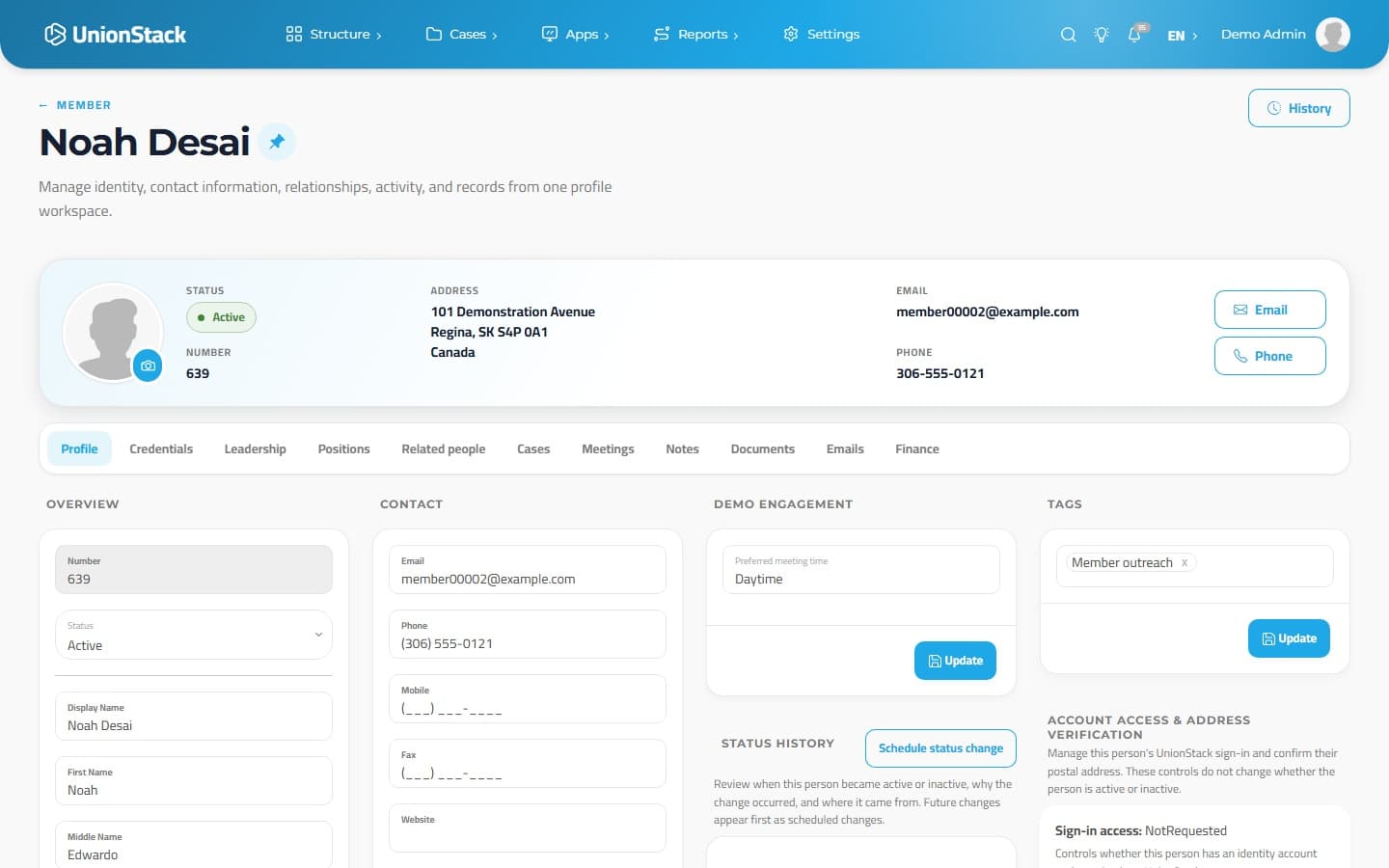 UnionStack member profile showing contact details and connected credentials, positions, cases and communications.