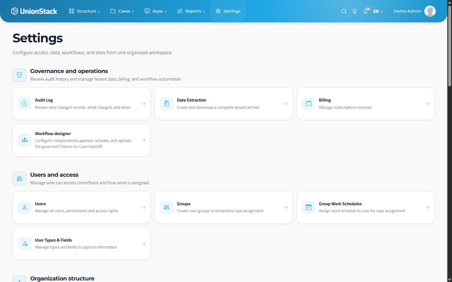 Espacio de configuración de UnionStack que agrupa gobernanza, acceso y configuración de organizaciones.