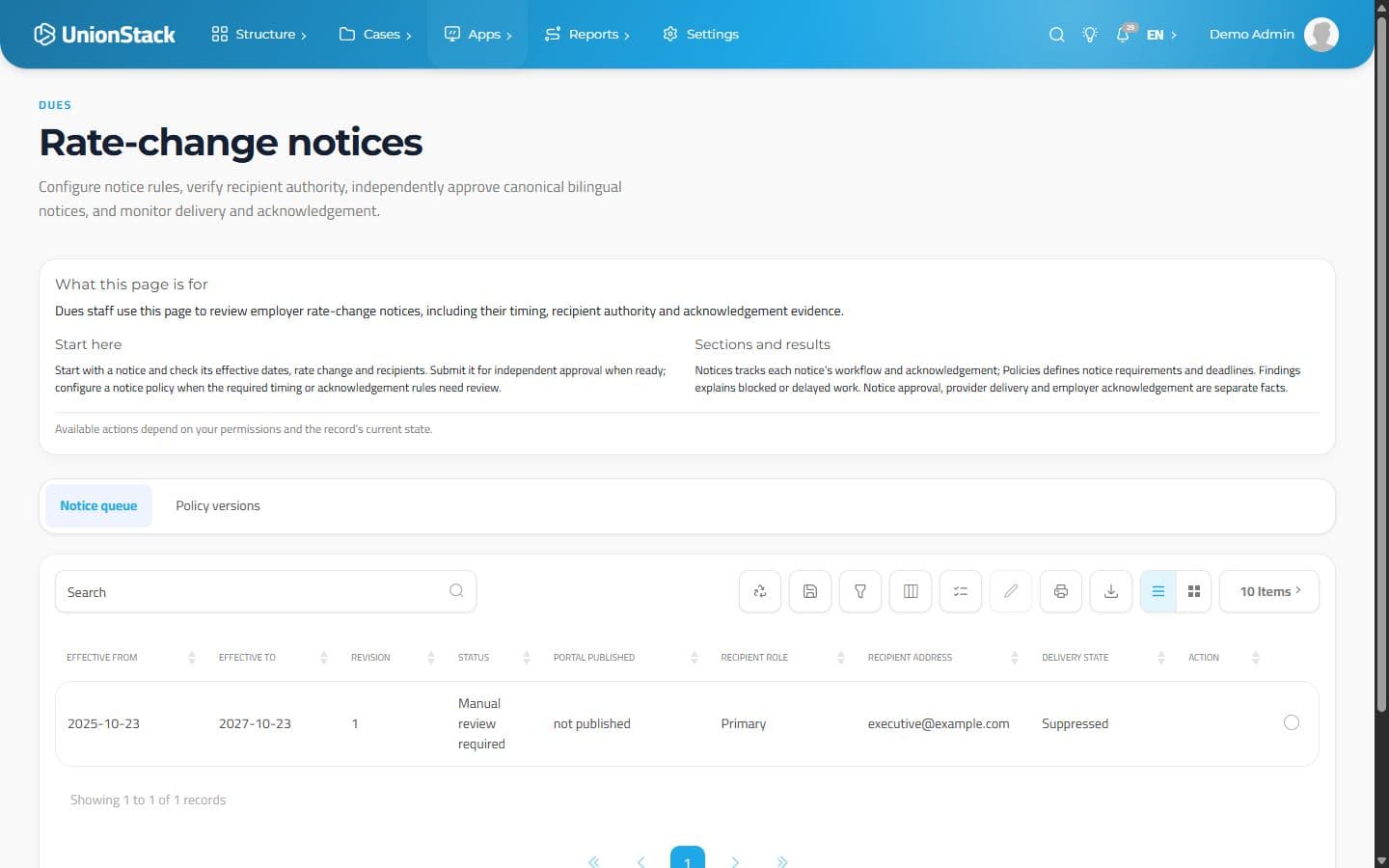 UnionStack rate-change notice queue with effective dates, review state and acknowledgement fields.