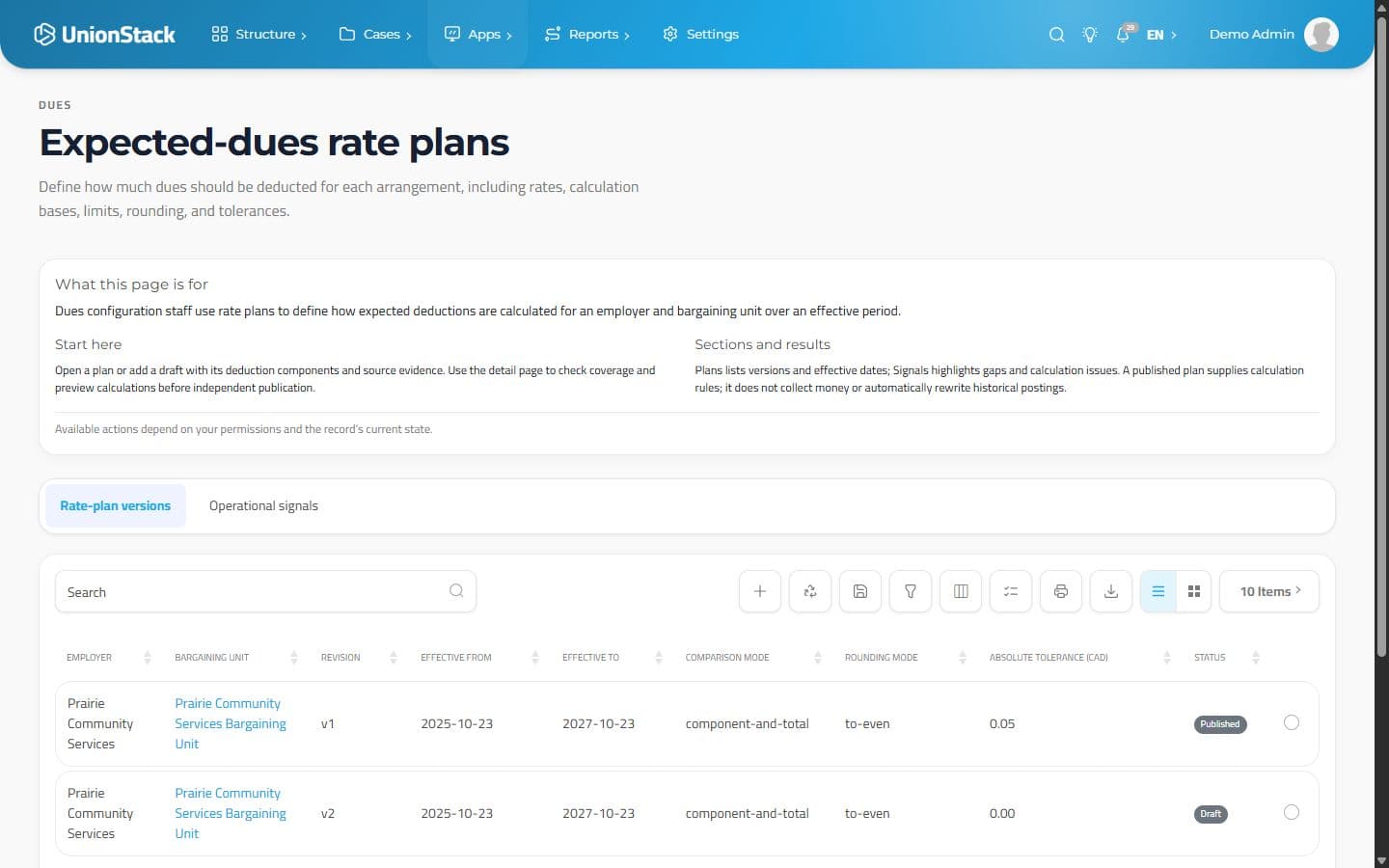 UnionStack effective-dated rate-plan versions with employer, unit, currency and status.