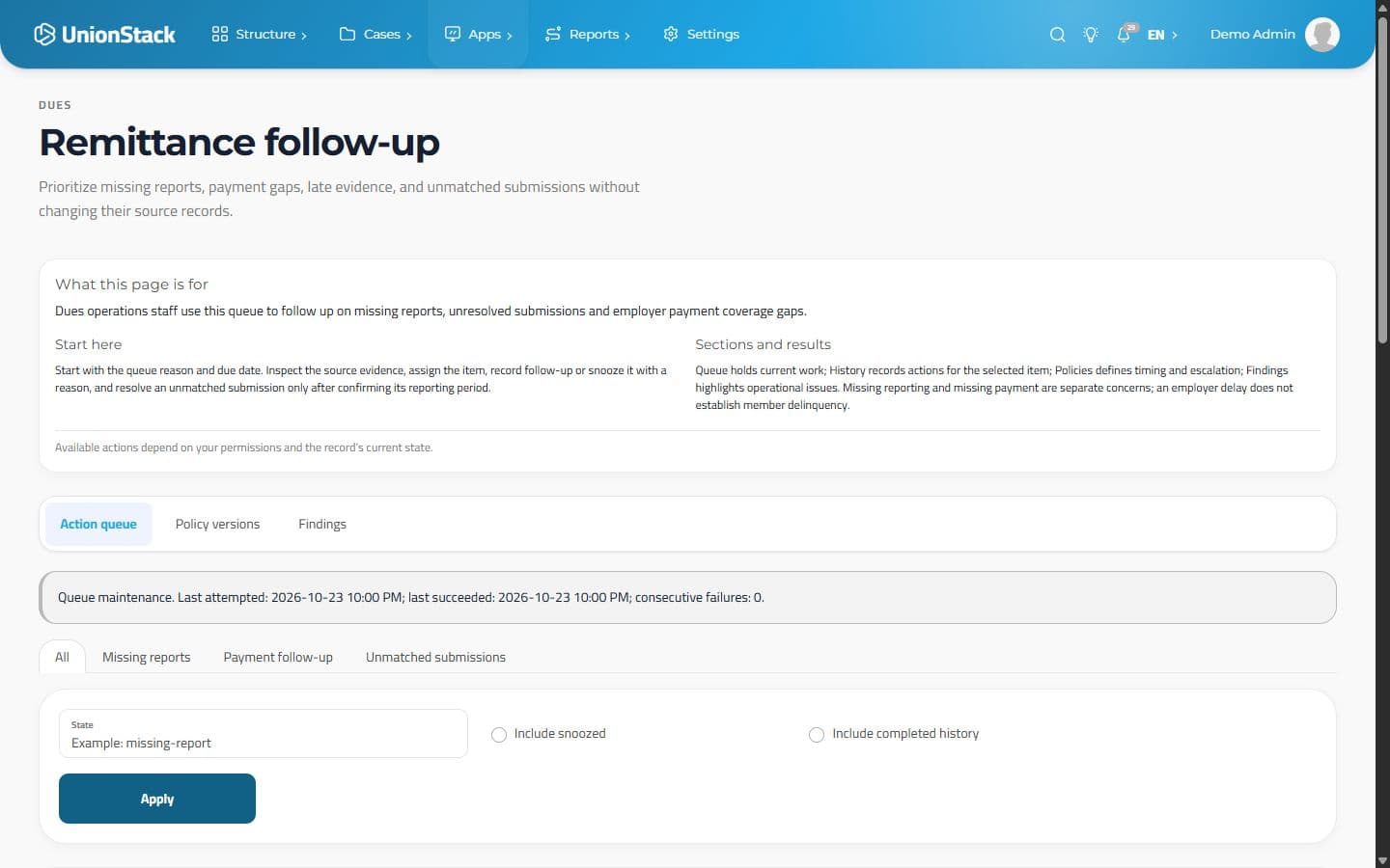 UnionStack remittance follow-up page with queue coverage and missing-report and payment-gap filters.