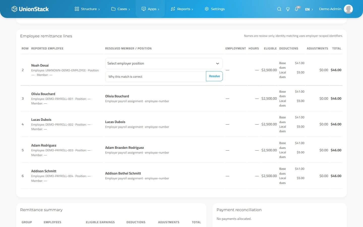 UnionStack payroll lines showing employee matching controls and deduction components.