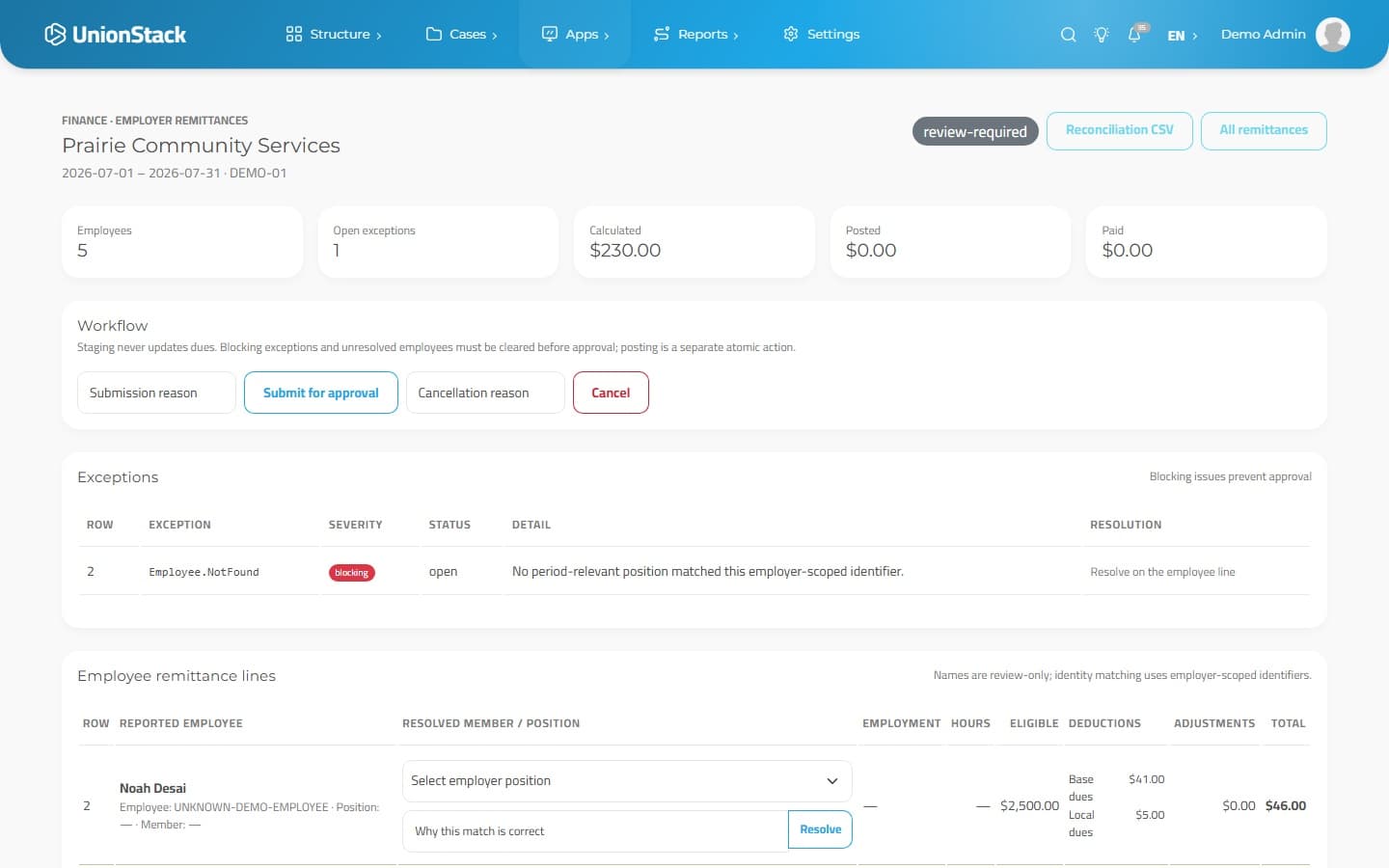 UnionStack remittance review showing payroll totals, workflow controls and an employee-matching exception.