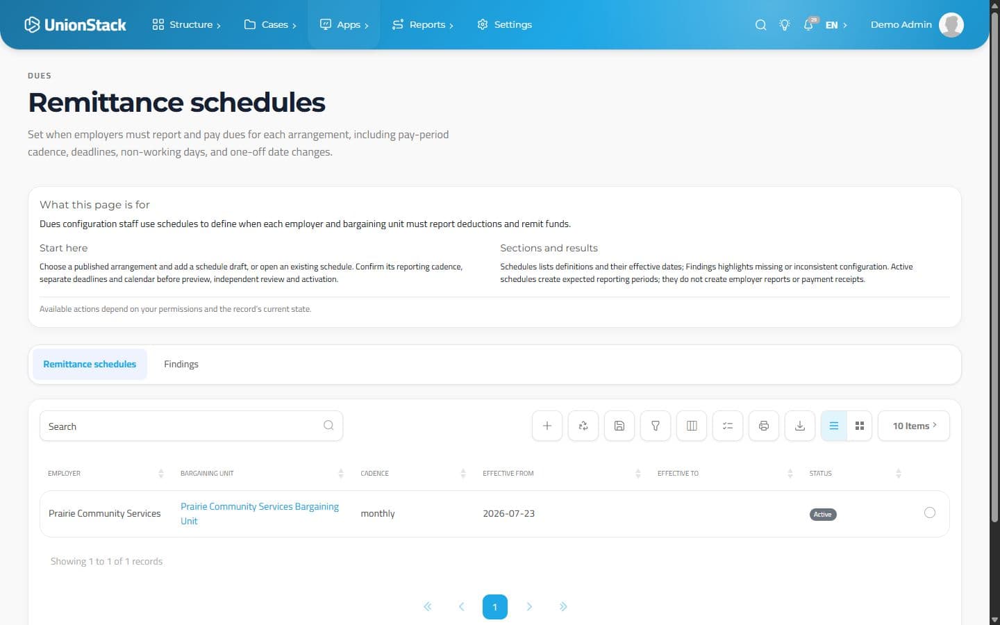 UnionStack remittance schedule workspace with published employer and bargaining-unit schedules.