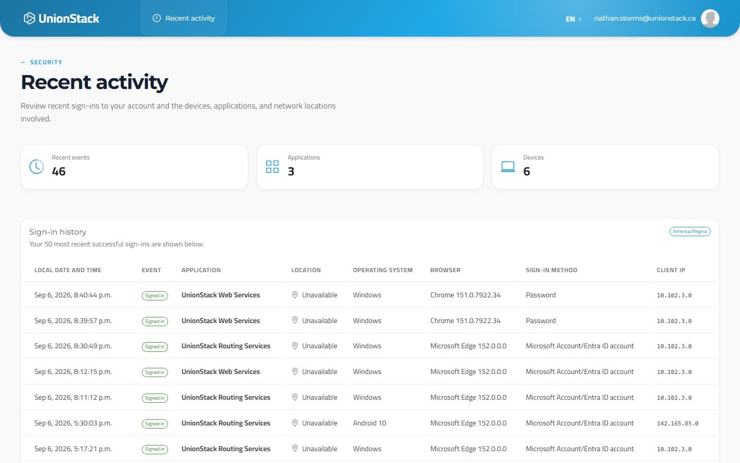 UnionStack recent sign-in activity showing applications, devices, browsers and successful sign-ins.