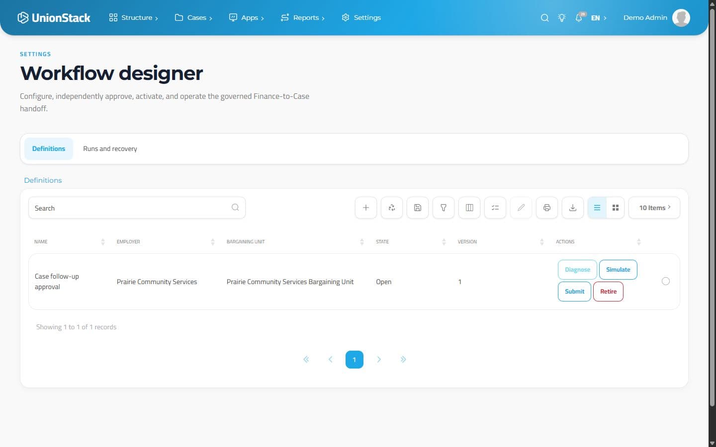 Diseñador de flujos de UnionStack con definición de Finanzas a Expedientes y acciones de diseño, simulación y revisión.