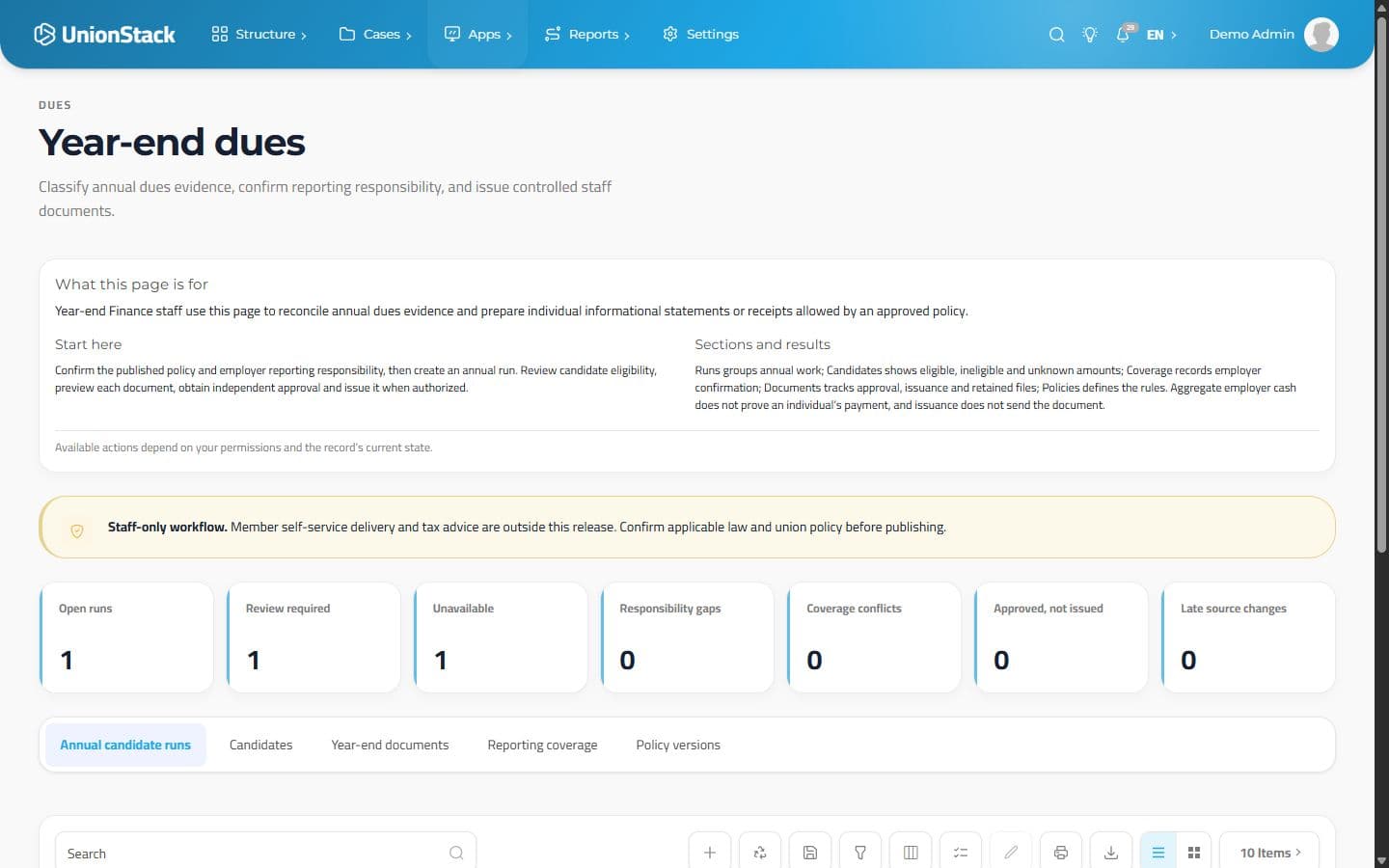 UnionStack year-end dues workspace with annual candidate controls and issuance states.