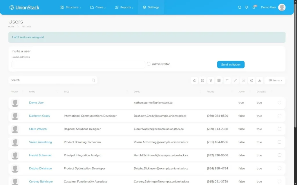 UnionStack access configuration for users and roles