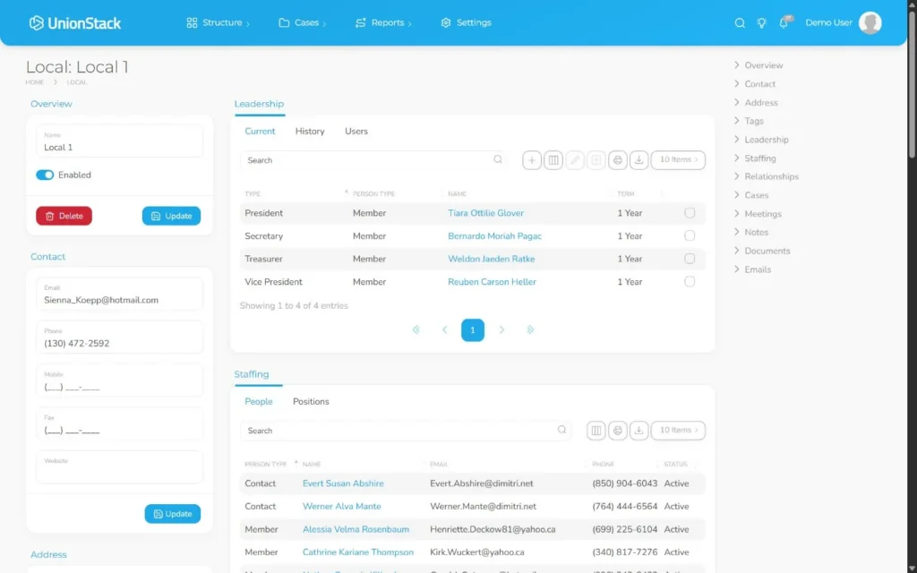 UnionStack agreement and article records connected to a union entity