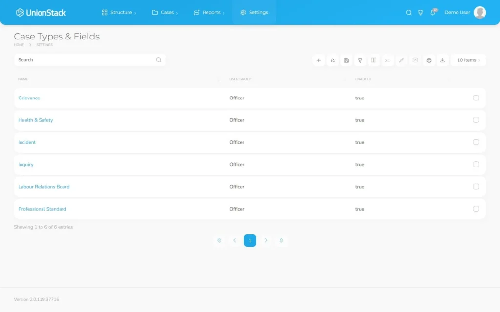 UnionStack case-type configuration with fake categories and progress stages