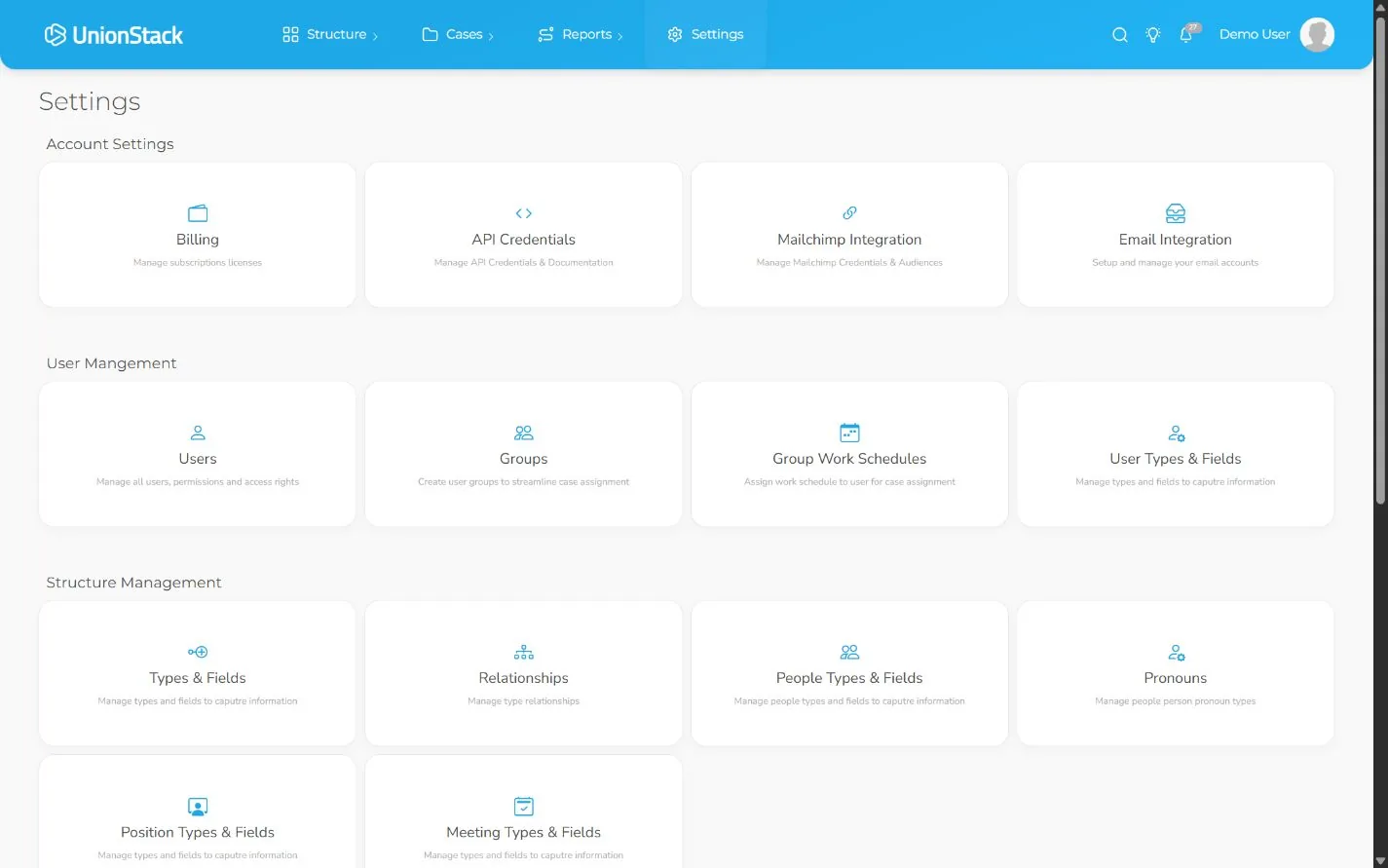 UnionStack type and custom-field configuration screen using fake settings