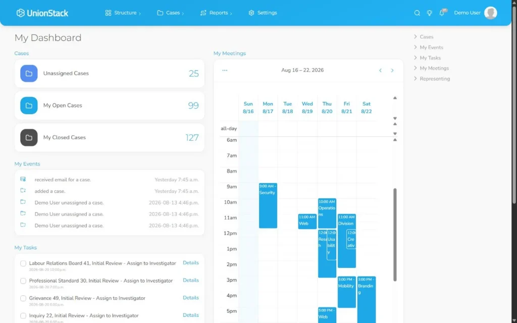 UnionStack dashboard showing case workload and upcoming activity