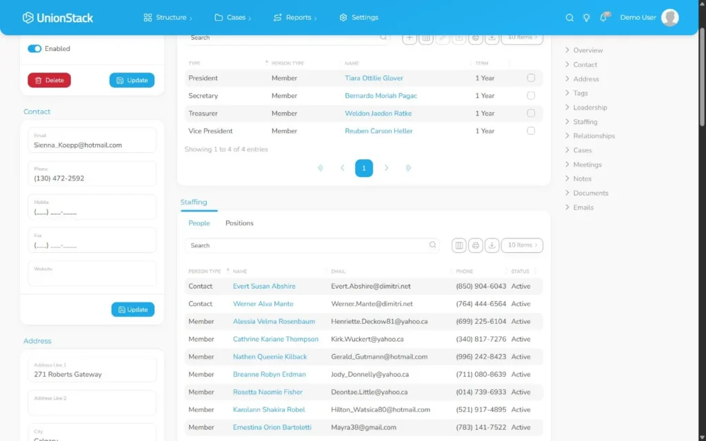 UnionStack people records with consistent names, statuses and organizational relationships